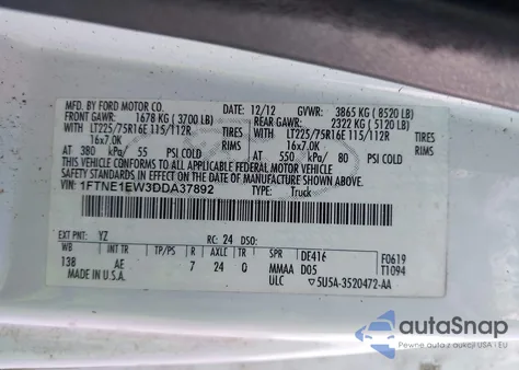 2013 Ford E-150 Commercial z USA, uszkodzony, nr VIN 1FTNE1EW3DDA37892